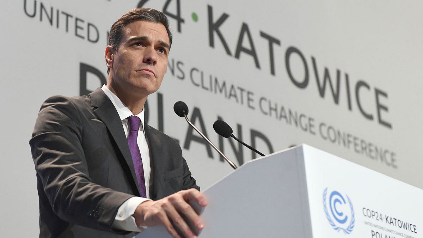 El presidente español, Pedro Sánchez, durante su intervención en la Cumbre del Clima en Katowice.