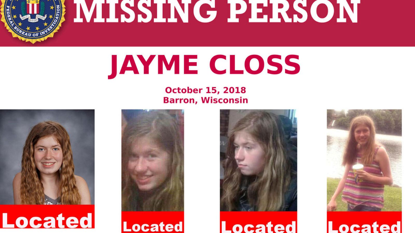 Cartel del FBI sobre la desaparición de Jayme Closs que anuncia que ha sido localizada.