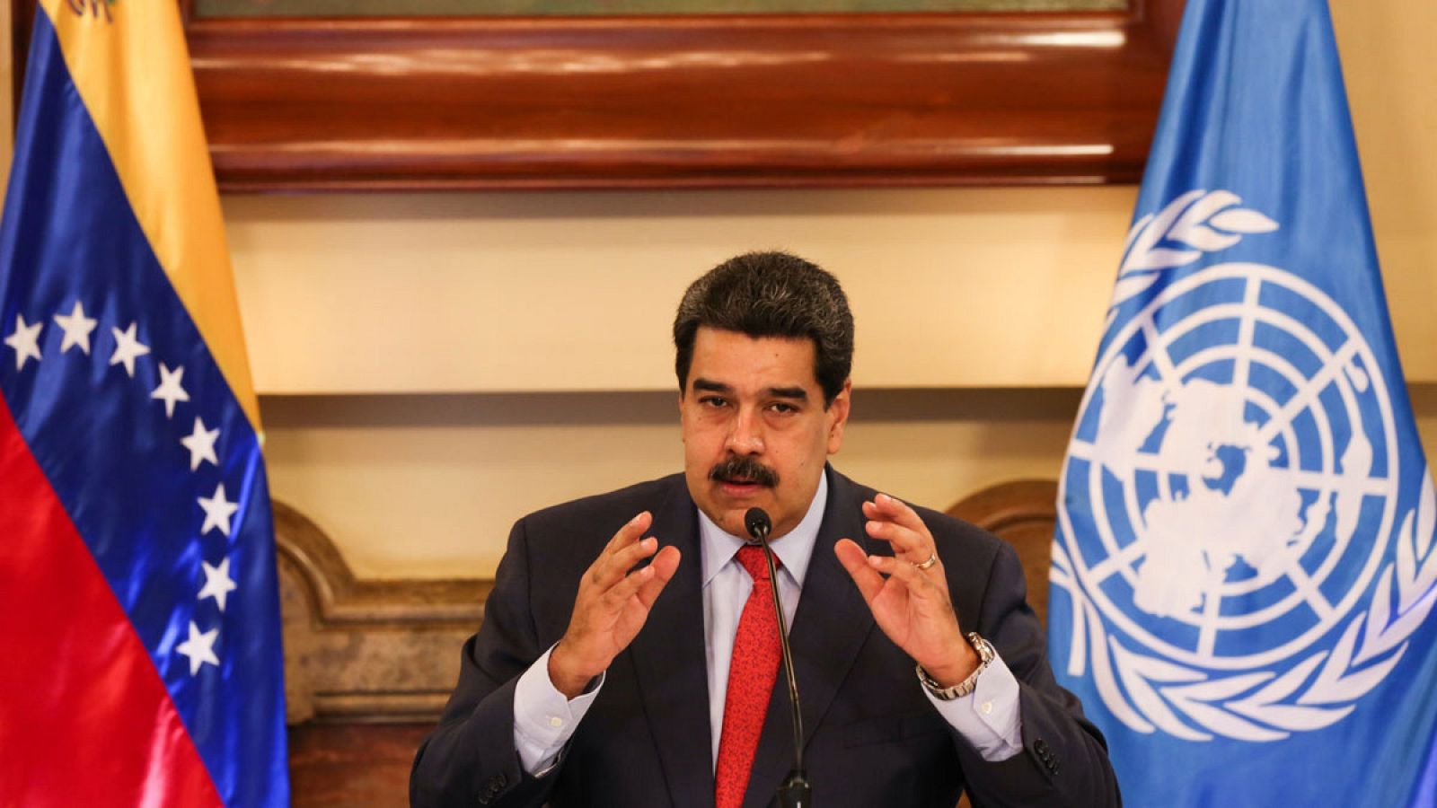 Nicolás Maduro durante un encuentro con representantes de la Organización de las Naciones Unidas (ONU) en el Palacio de Miraflores, en Caracas.