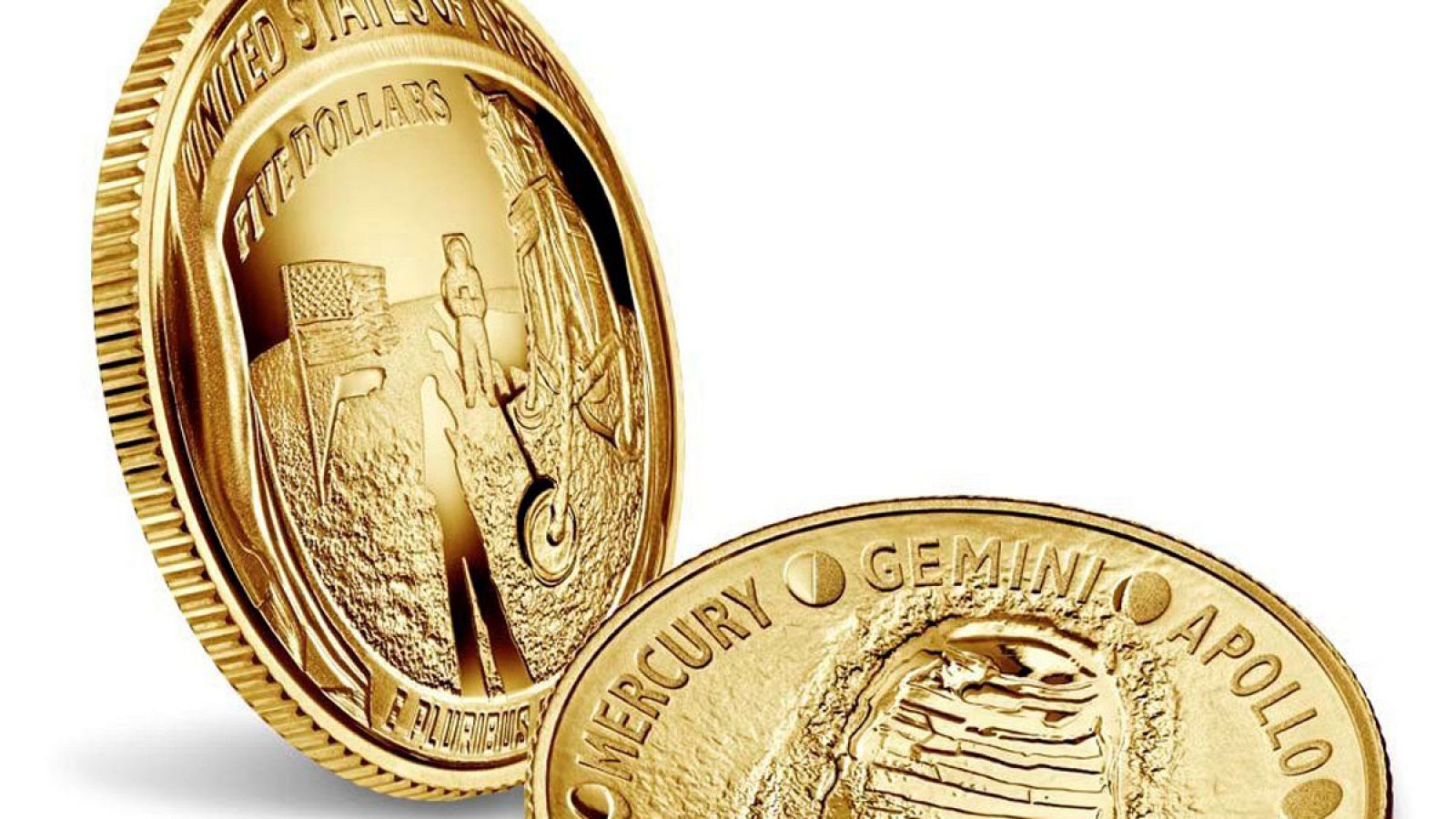 Fotografía cedida por la Casa de Monedas estadounidense (US Mint) donde se aprecia el anverso y reverso de una moneda de oro de cinco (5) dólares que conmemora los 50 años de la llegada del hombre a la Luna.