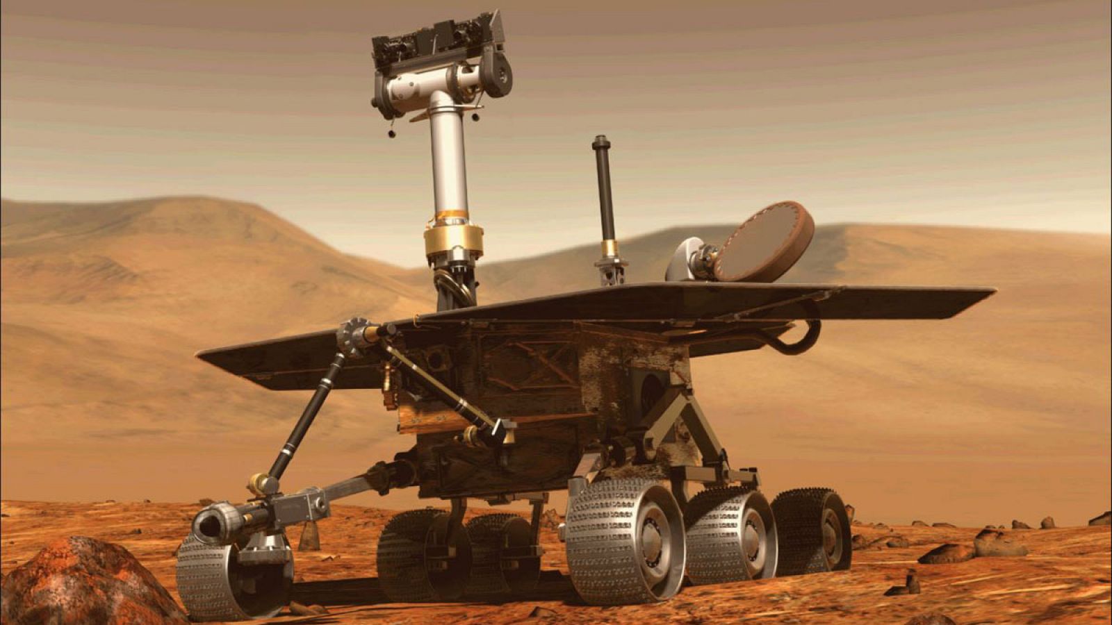 Representación del rover Opportunity sobre la superficie de Marte.