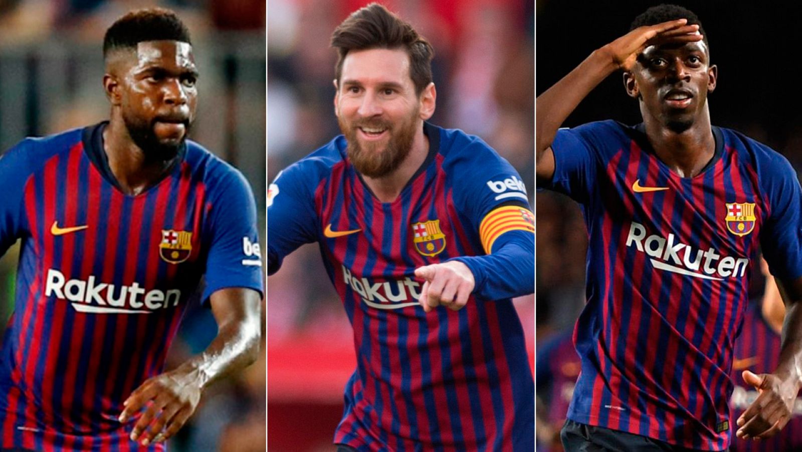 Los jugadores del FC Barcelona Umtiti, Messi y Dembélé.