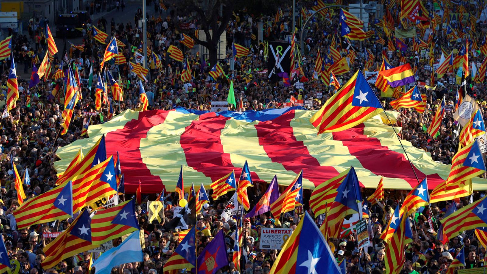 Un grupo de manifestantes porta una gran estelada
