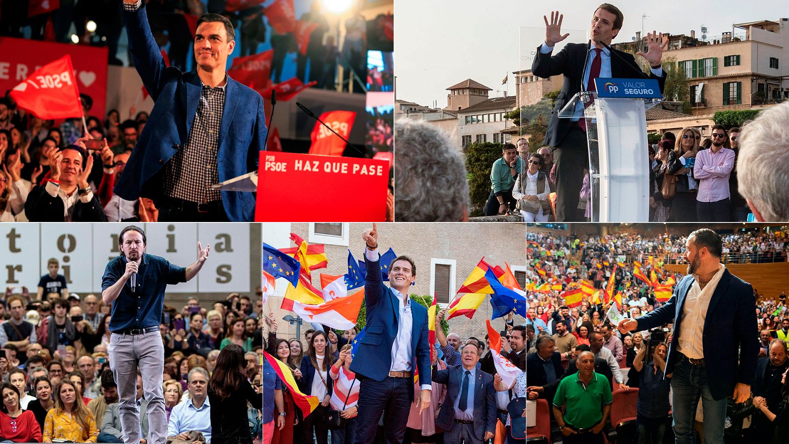 Mítines de Pedro Sánchez, Pablo Casado, Pablo Iglesias, Albert Rivera y Santiago Abascal en la campaña electoral del 28A.