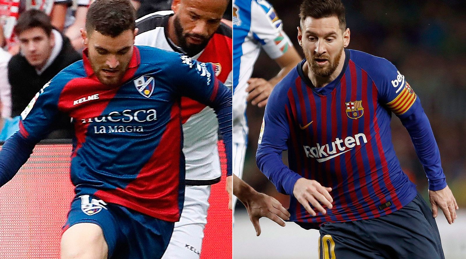 Enric Gallego y Leo Messi, jugadores del Huesca y el Barça, dos polos opuestos en el final de Liga.