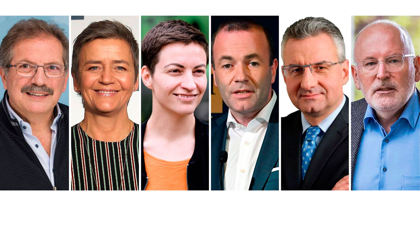 Los seis candidatos a presidir la Comisión Europea: Nico Cué, Margrethe Vestager, Ska Keller, Manfred Weber, Jan Zahradil y Frans Timmermans