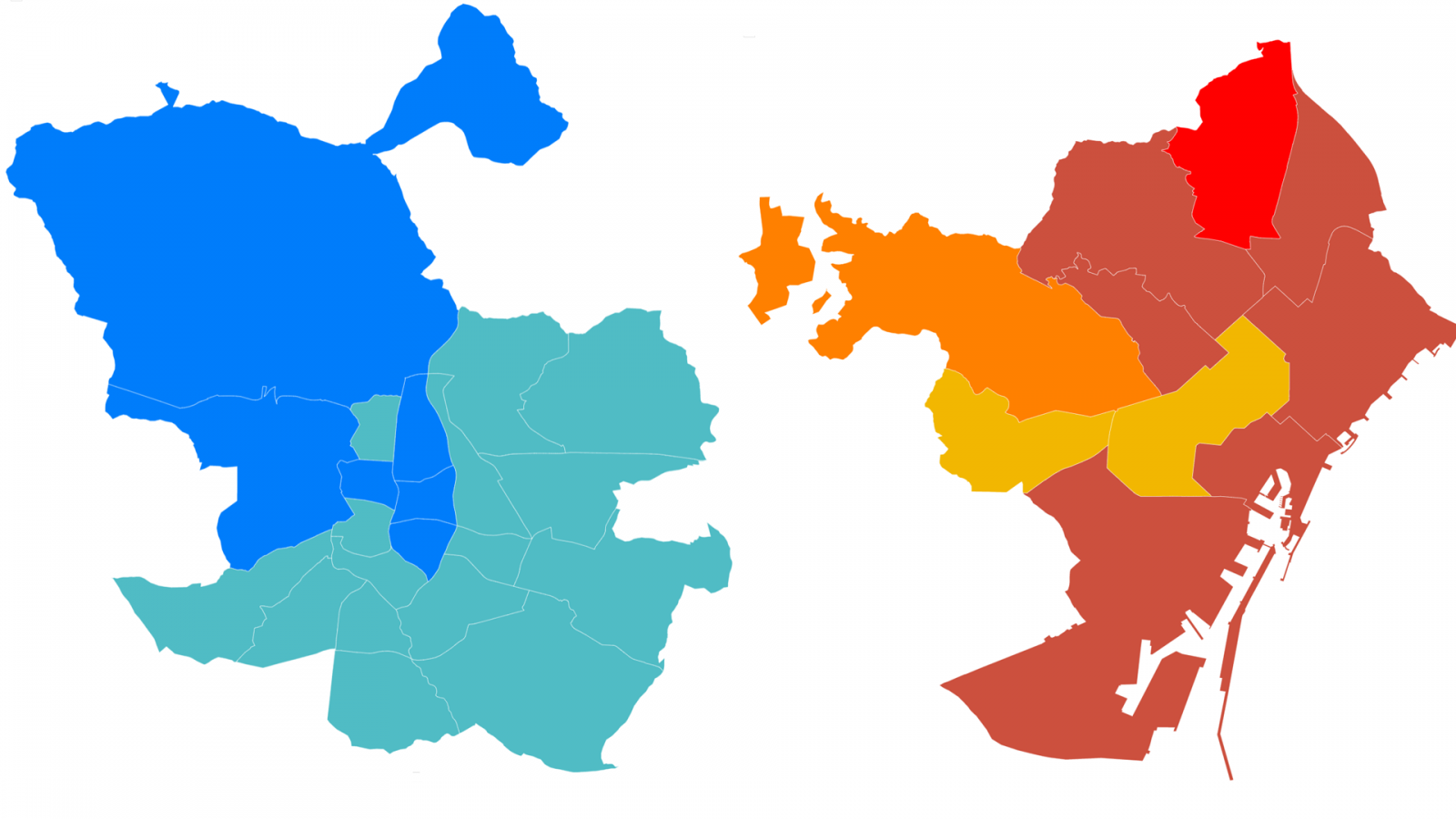Partido ganador por distrito en las ciudades de Madrid y Barcelona en las elecciones municipales del 26M.
