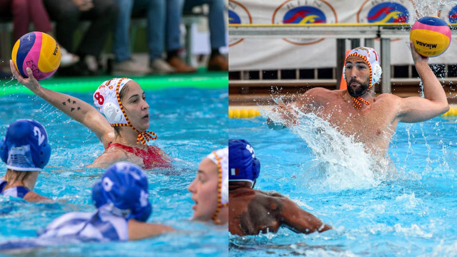 Pili Peña (i) y Blai Mallarach, en sendos partidos de las selecciones absolutas de waterpolo de España