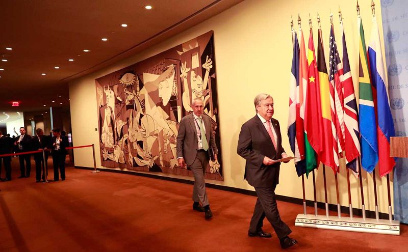 El secretario general de Naciones Unidas, Antonio Guterres, a su llegada a la sede de la ONU en Nueva York.