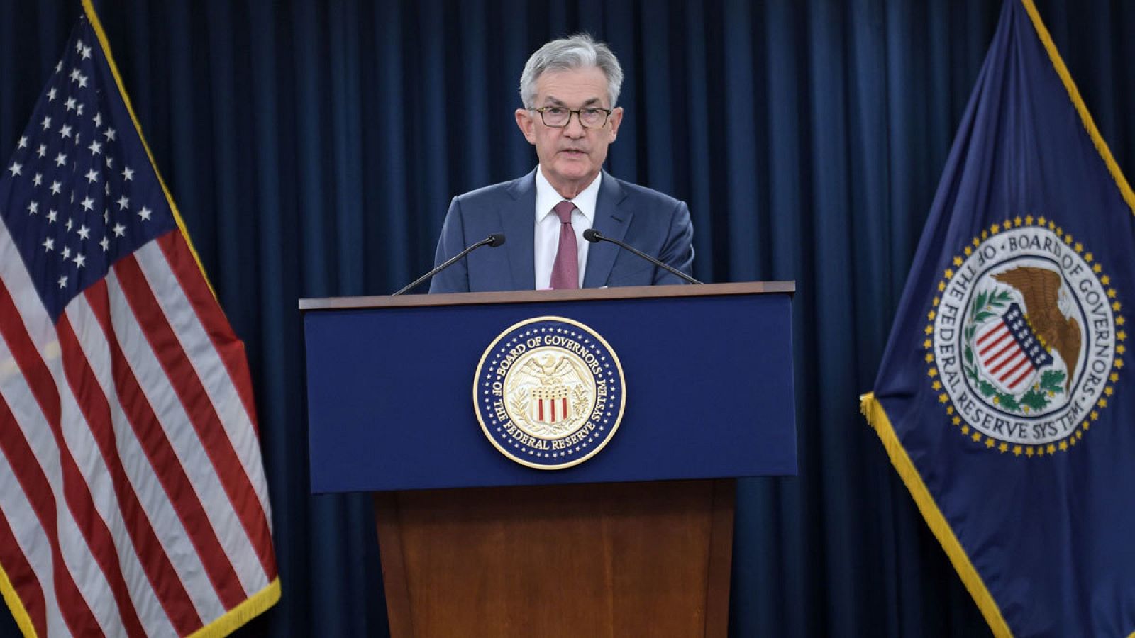 El presidente de la Reserva Federal,  Jerome Powell esta miércoles en rueda de prensa