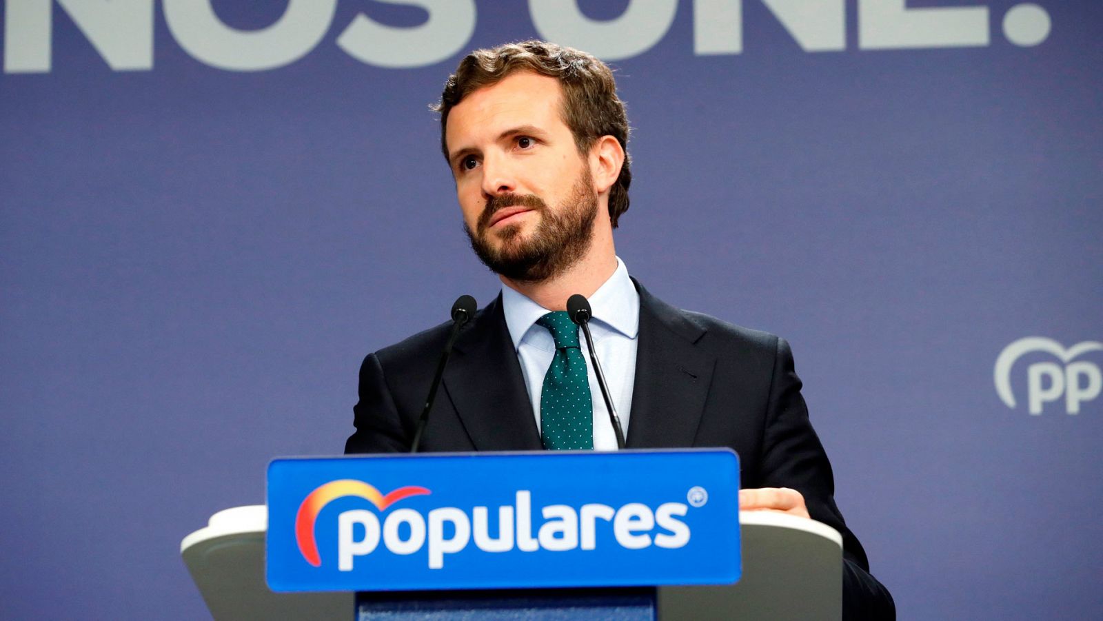 El líder del PP, Pablo Casado, en su comparecencia en la sede de Génova