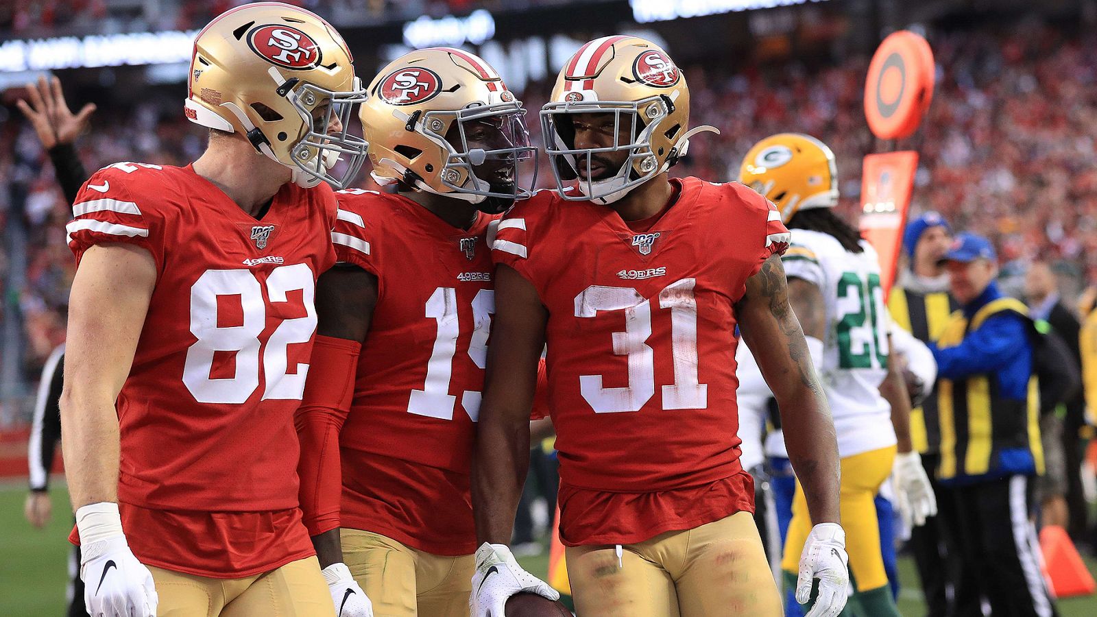 Raheem Mostert celebra el pase de los 49ers a la final de la Super Bowl.