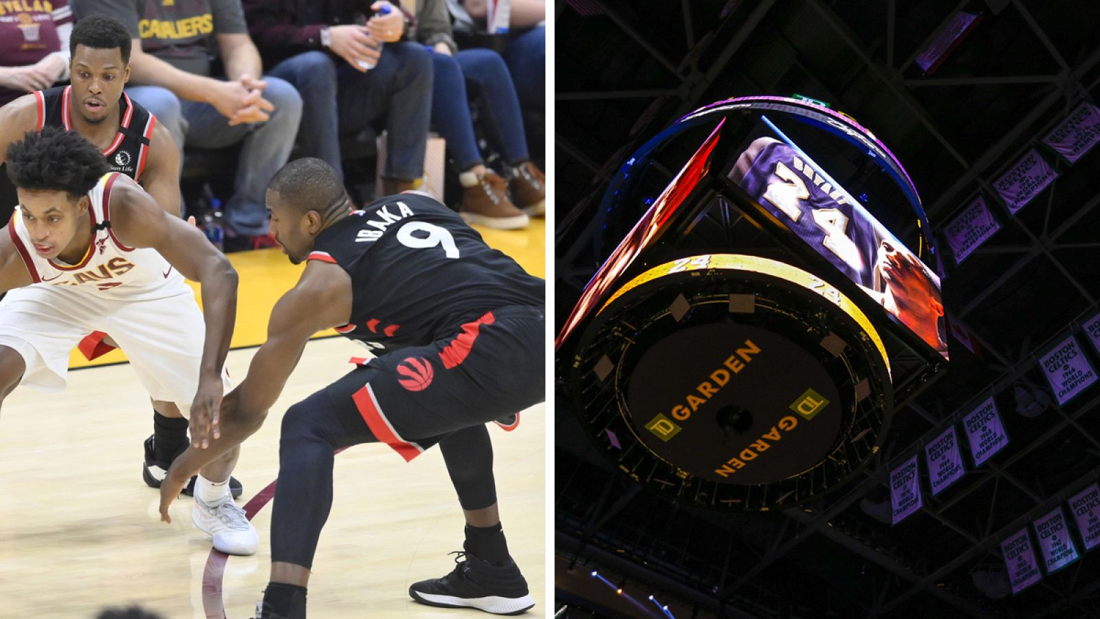 A la izquierda, Ibaka trata de robar un balón; a la derecha, homenaje a Kobe en su cancha rival, el TD Garden de los Celtics