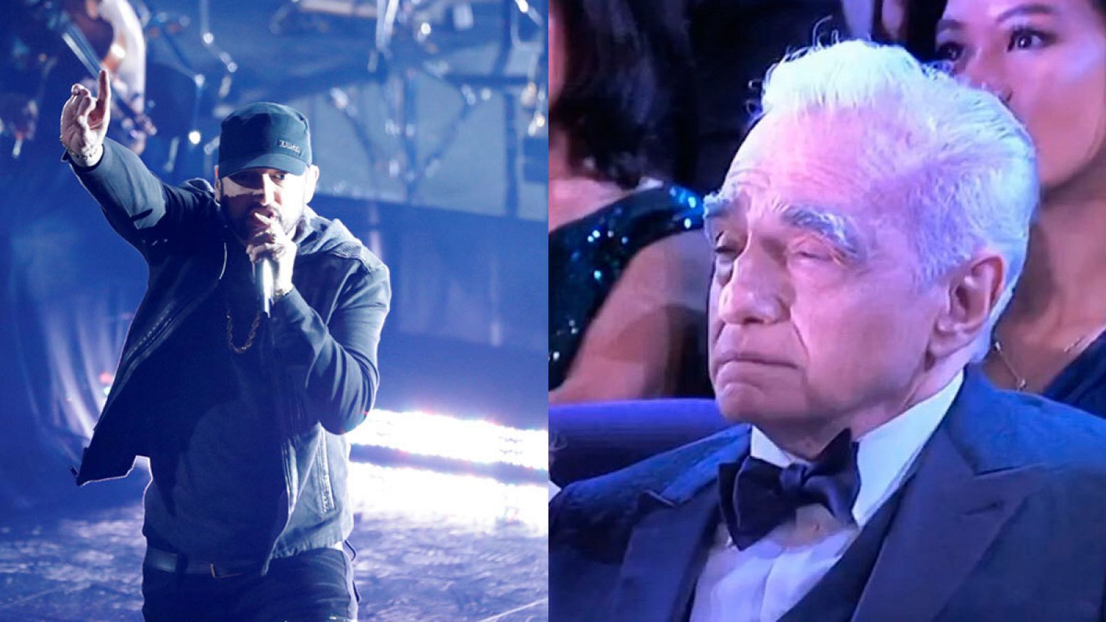 Martin Scorsese aguantando el tipo durante la actuación de Eminem en los Oscars 2020