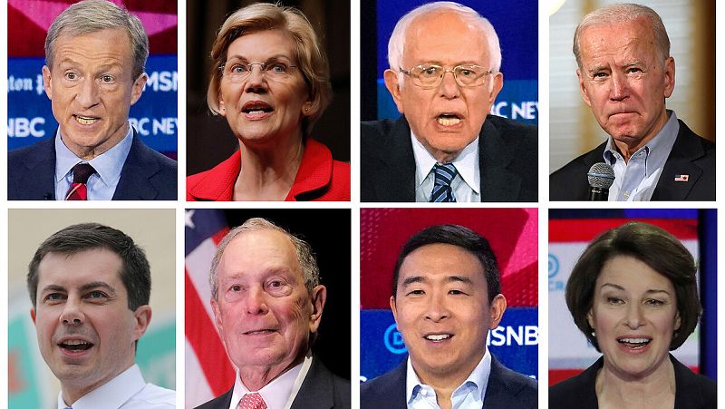 Algunos de los candidatos del Partido Demócrata a las primarias de 2020: de izquierda a derecha, comenzando por la fila superior: Tom Steyer, Elizabeth Warren, Bernie Sanders, Joe Biden, Pete Buttigieg, Michael Bloomberg, Andrew Yang y Amy Klobuchar.