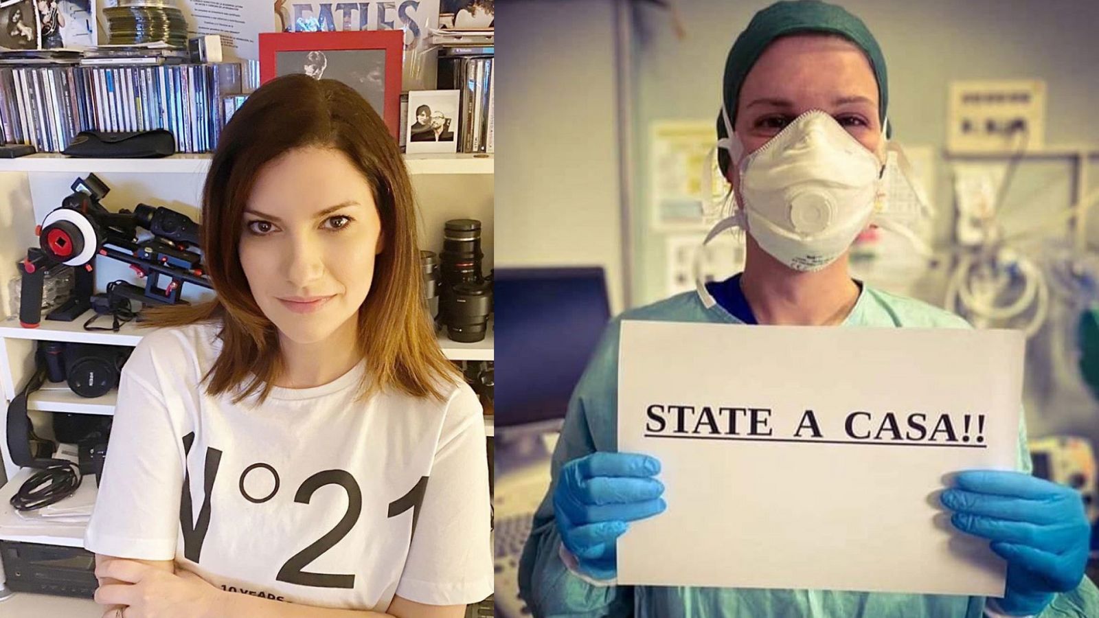 Laura Pausini y una sanitaria italiana (que se  ha hecho viral en esta imagen) piden que los italianos se queden en casa para evitar la expansión del coronavirus
