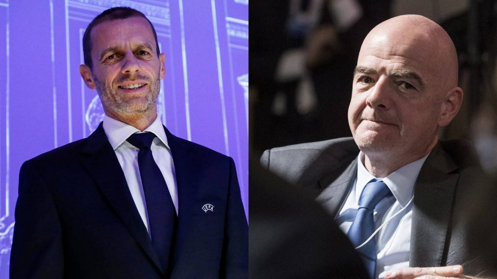 El presidente de la UEFA, Aleksander Ceferin (i) y su homólogo de la FIFA, GIanni Infantino (d)