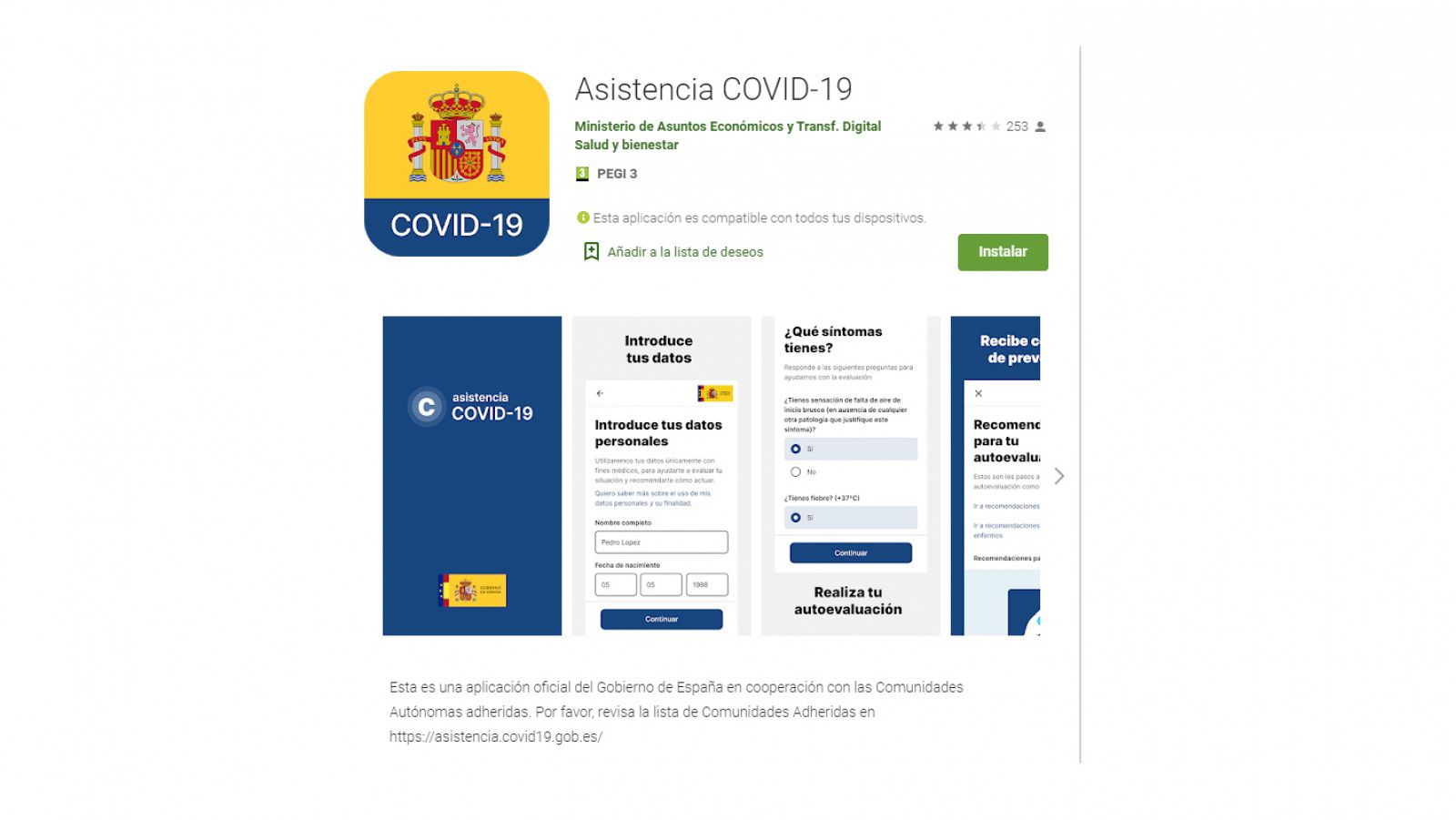 Imagen de la página de descarga de Asistencia COVID-19 en la play store.