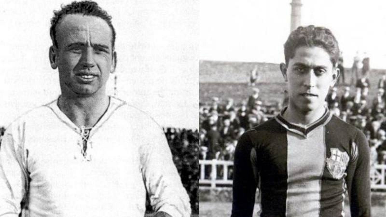 Fotomontaje de los jugadores históricos de Madrid y Barcelona René Petit y Paulino Alcántara. 