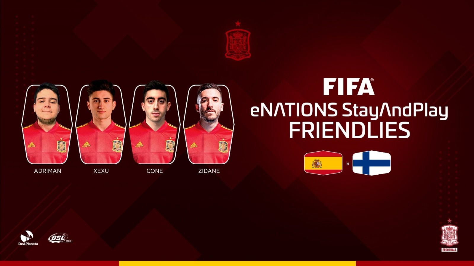  Los jugadores profesionales de FIFA, Adriman, Xexu, Cone y Zidane10, que representarán a España en el partido de 'efootball' contra Finlandia