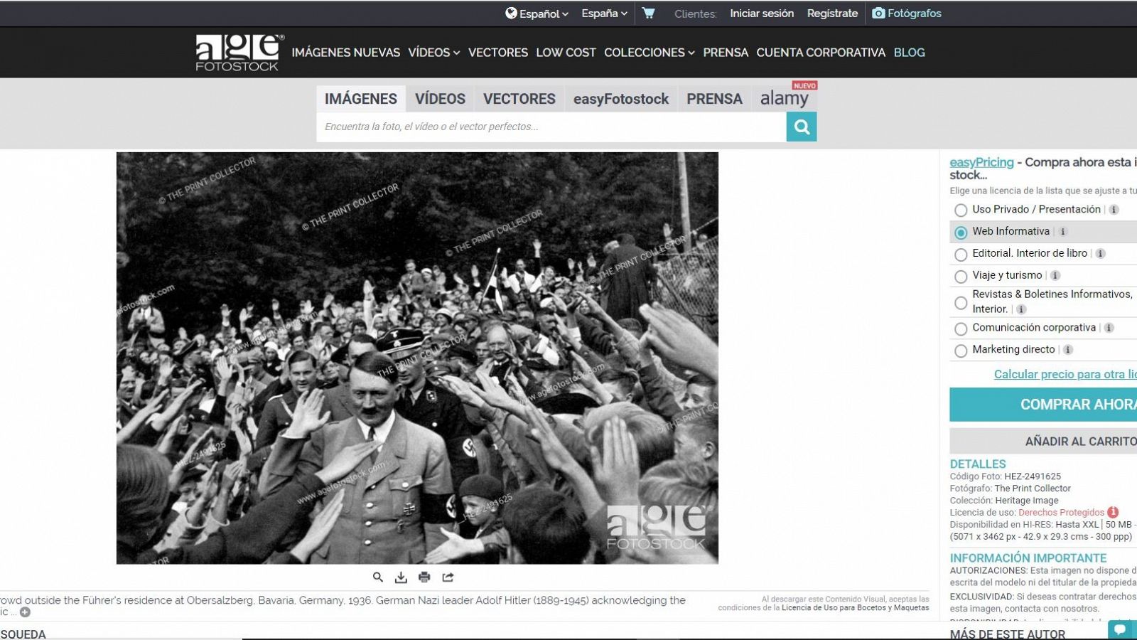 La fotografía original fue realizada en 1936 por Heinrich Hoffman, fotógrafo personal de Hitler. El archivo agefotostock sitúa la imagen en la localidad alemana de Obersalzberg.