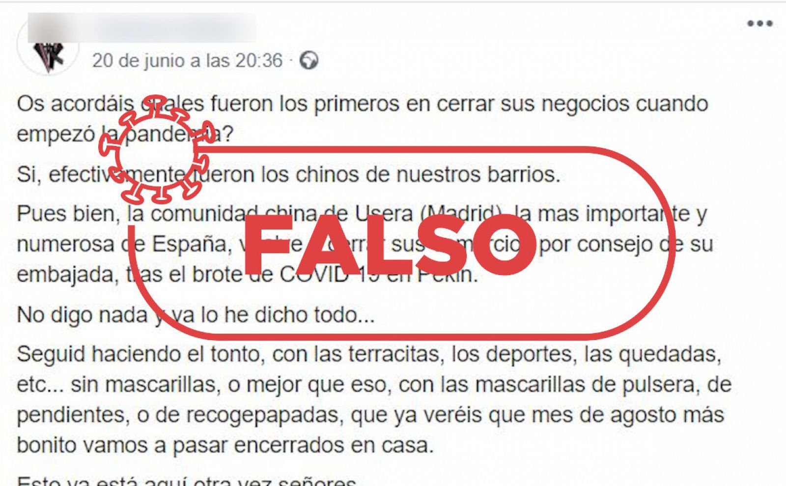 Captura con una parte del mensaje falso difundido a través de redes sociales y mensajería móvil con la palabra FALSO.