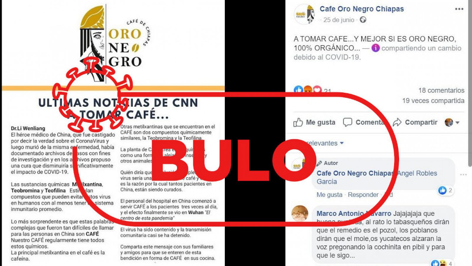 Captura de la publicación en la página de Facebook con el bulo sobre el café y el sello de Verifica RTVE.