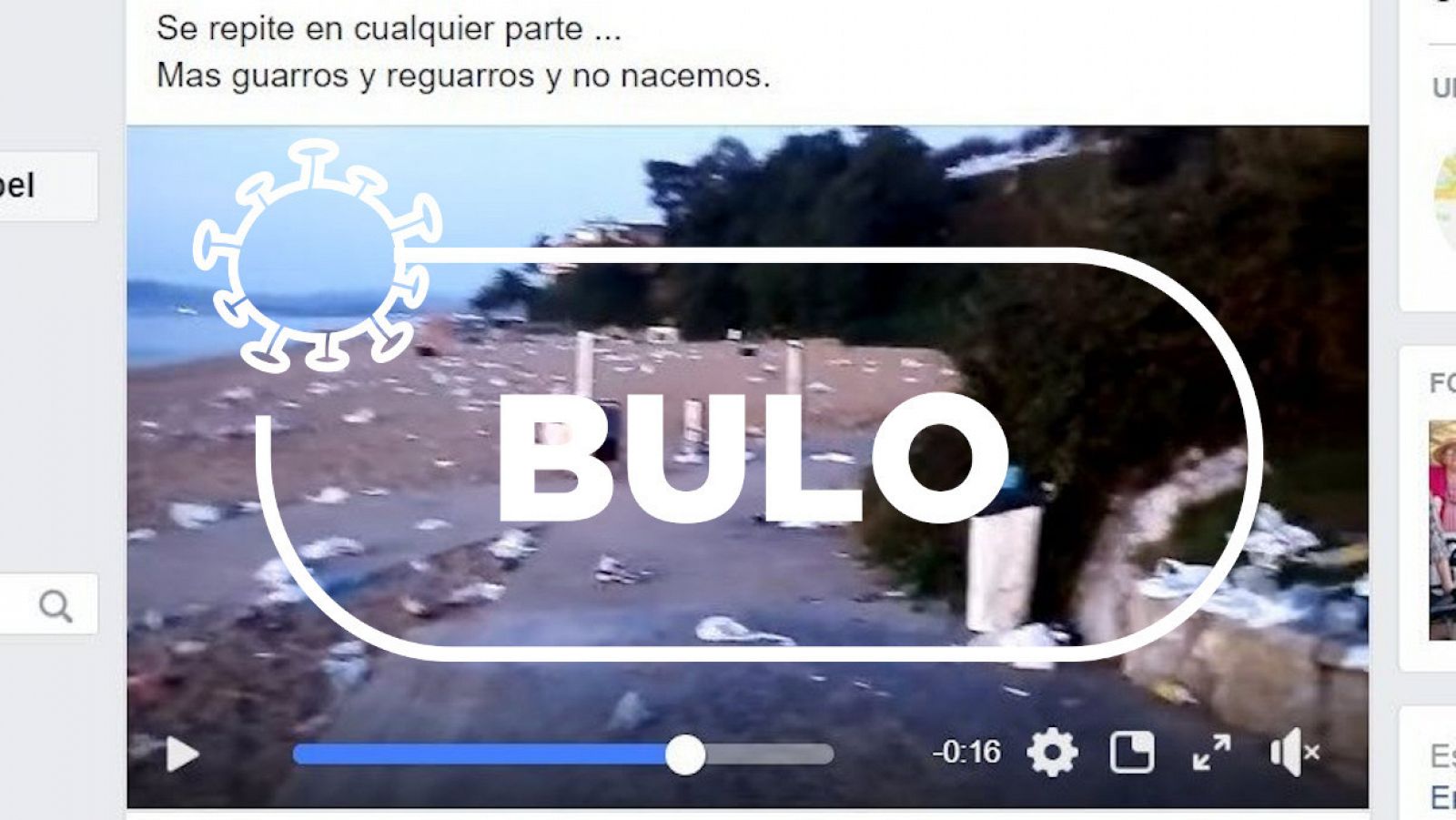 Captura del vídeo con el bulo sobre la basura y las mascarillas en la playa cántabra de Los Peligros con el sello de Verifica RTVE.