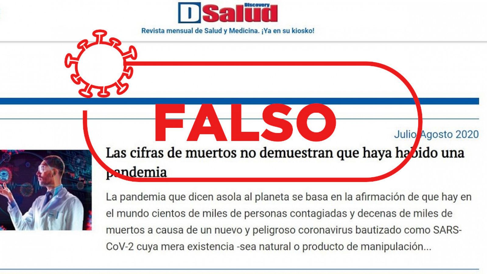 Captura con un detalle de la revista Discovery Salud y el sello de Verifica RTVE con la palabra "falso".