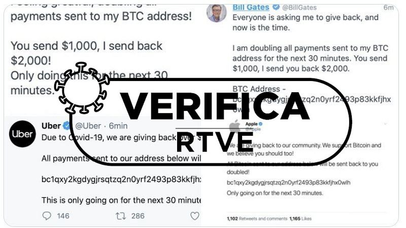 Captura de un mensaje con la estafa de bitcoins en cuentas verificadas de Twitter.