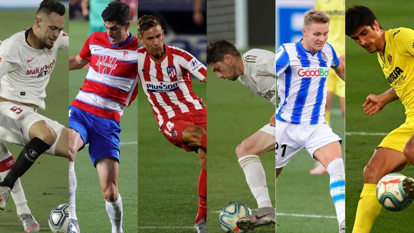 Fotomontaje con Lucas Ocampos, Carlos Fernández, Marcos Llorente, Fede Valverde, Martin Odegaard y Gerard Moreno.