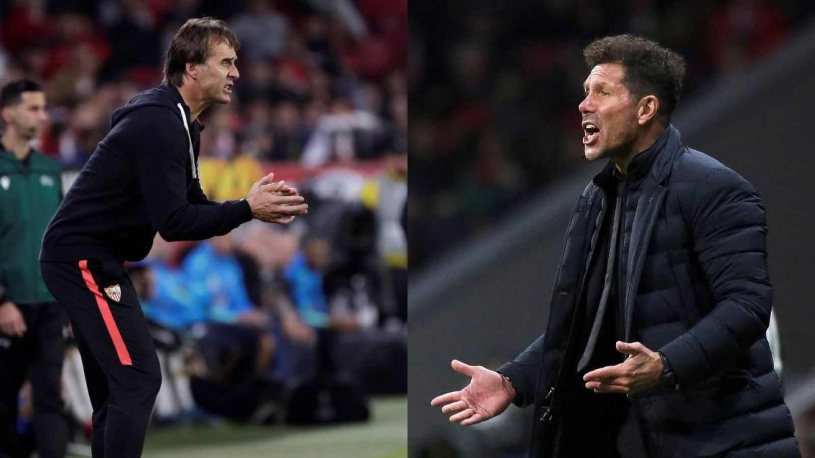 El entrenador del Sevilla, Julen Lopetegui (i) y su homónimo del Atlético de Madrid, Diego Pablo Simeone(d)