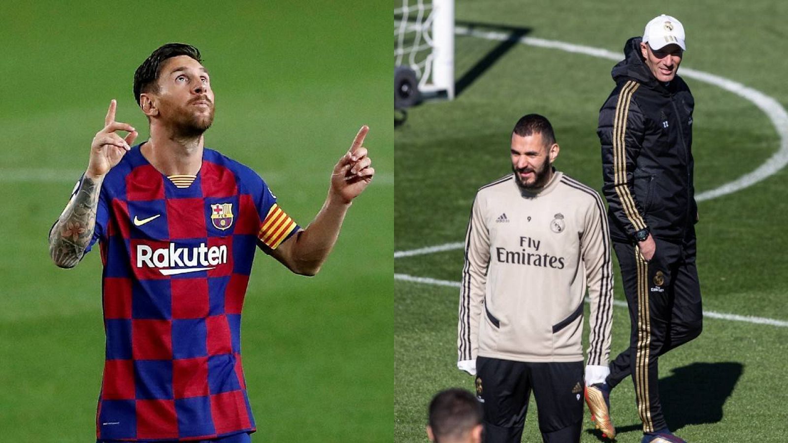  El delantero del FC Barcelona, Leo Messi (i) y el entrenador del Real Madrid (derecha-atrás) con el ariete Karim Benzema (derecha-abajo)