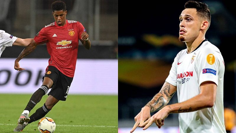 El jugador del Manchester United, Marcus Rashford (i) y el delantero del Sevilla FC, Lucas Ocampos (d)