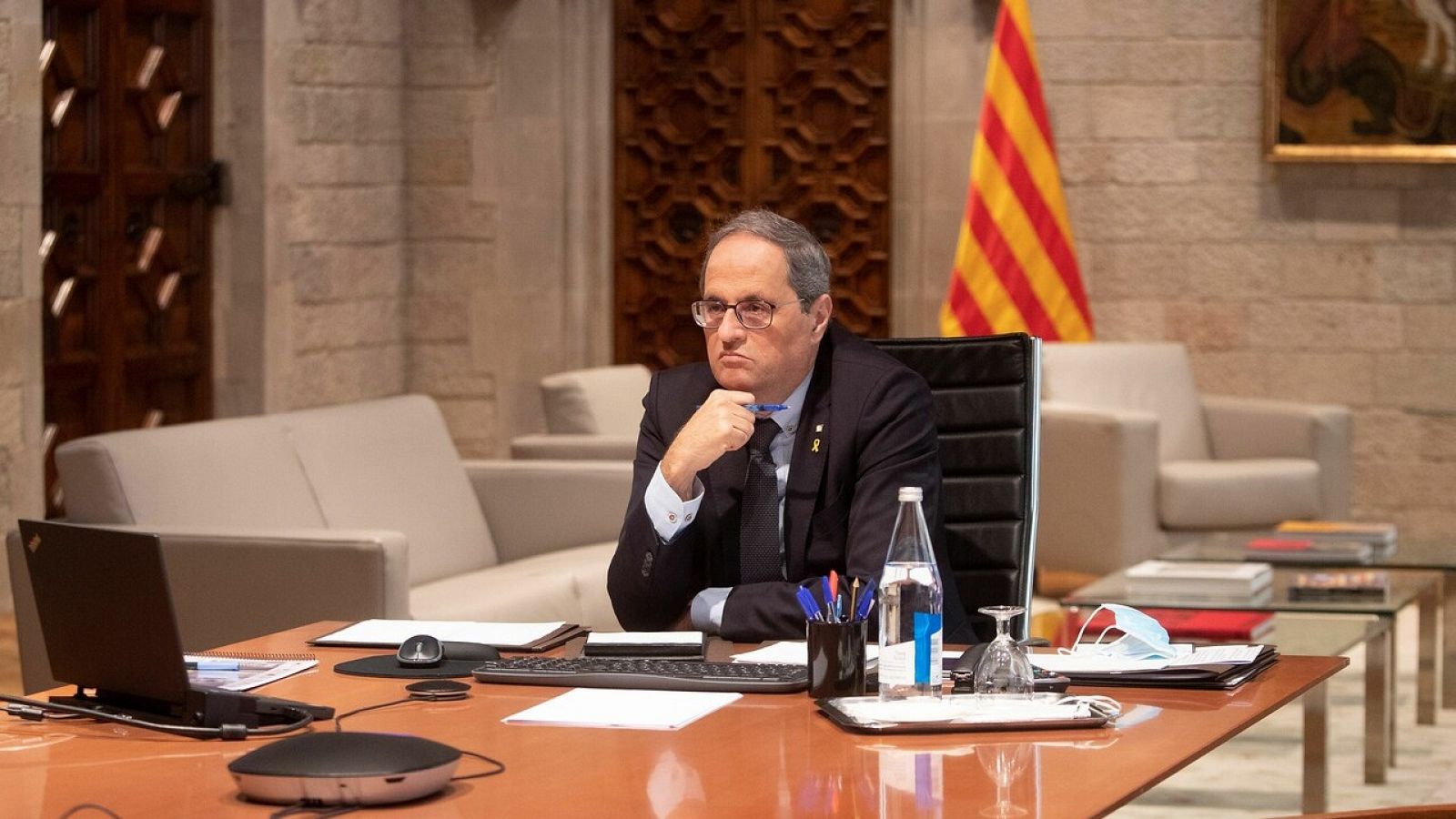 El presidente de la Generalitat, Quim Torra, durante una reunión telemática