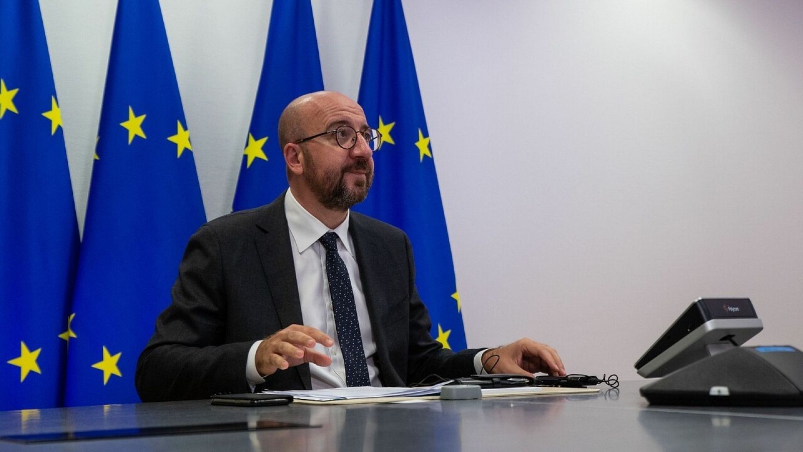  El presidente del Consejo Europeo, Charles Michel, durante una videoconferencia