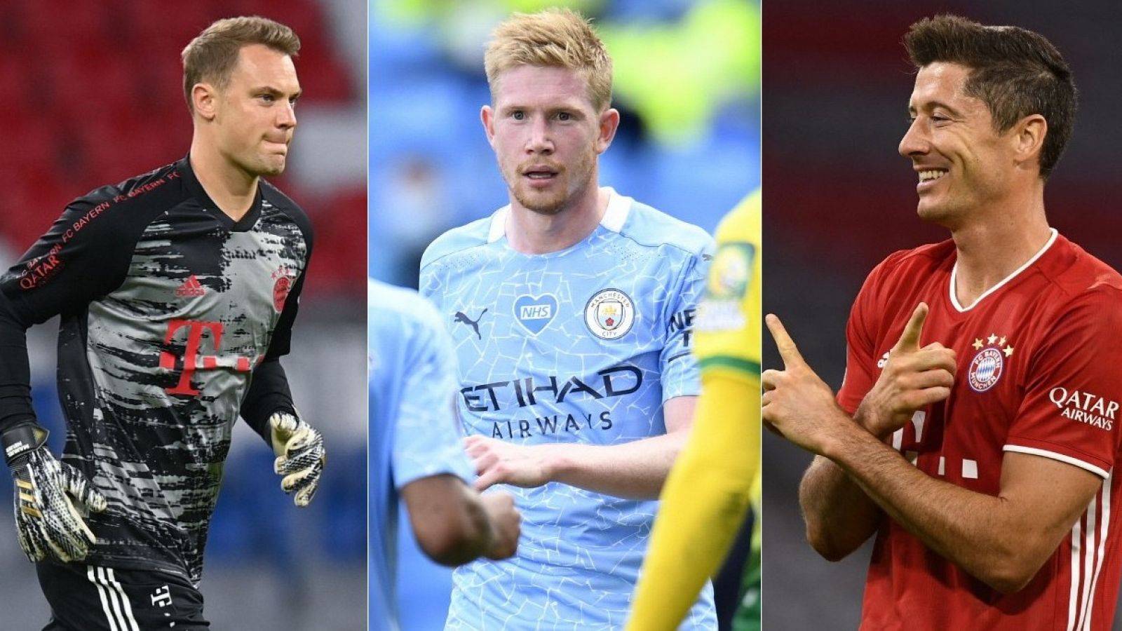 El alemán Manuel Neuer,  el holande's Kevin De Bruyne y el polaco Robert Lewandowski, candidatos a mejor jugador del año.