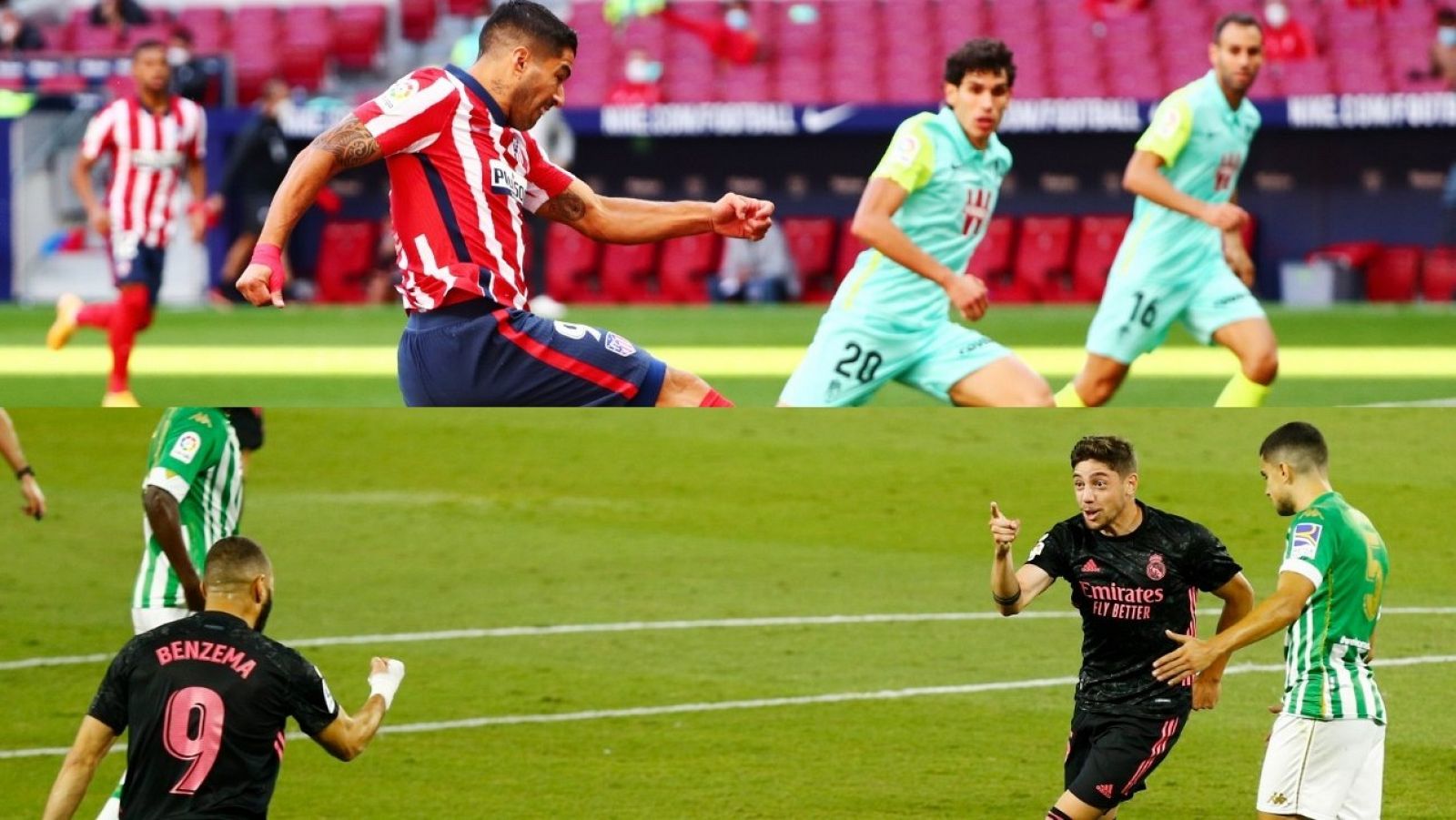 El jugador atlético Luis Suárez y los madridistas Benzema y Valverde durante la jornada 3 de la Liga 2020-2021.