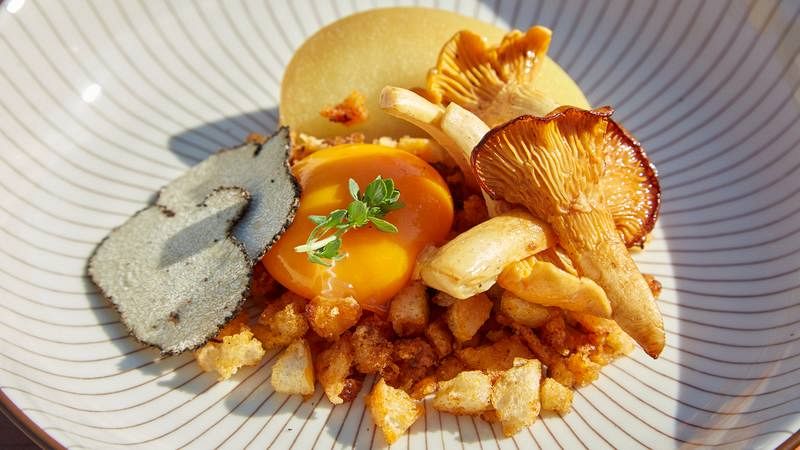 Rebozuelos con migas, manzana, sidra y trufa