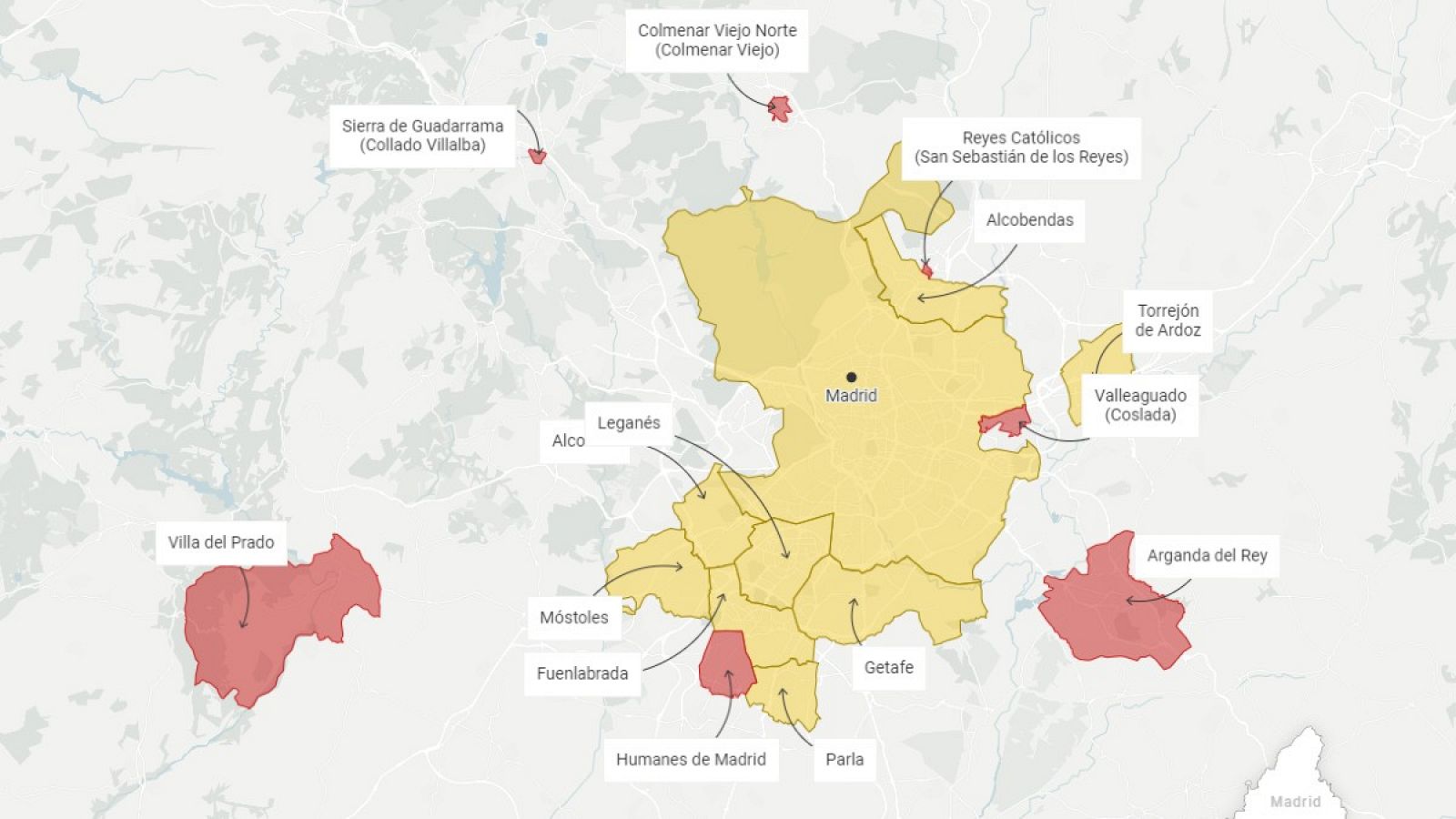 Localidades afectadas por el estado de alarma y las restricciones de la Comunidad de Madrid