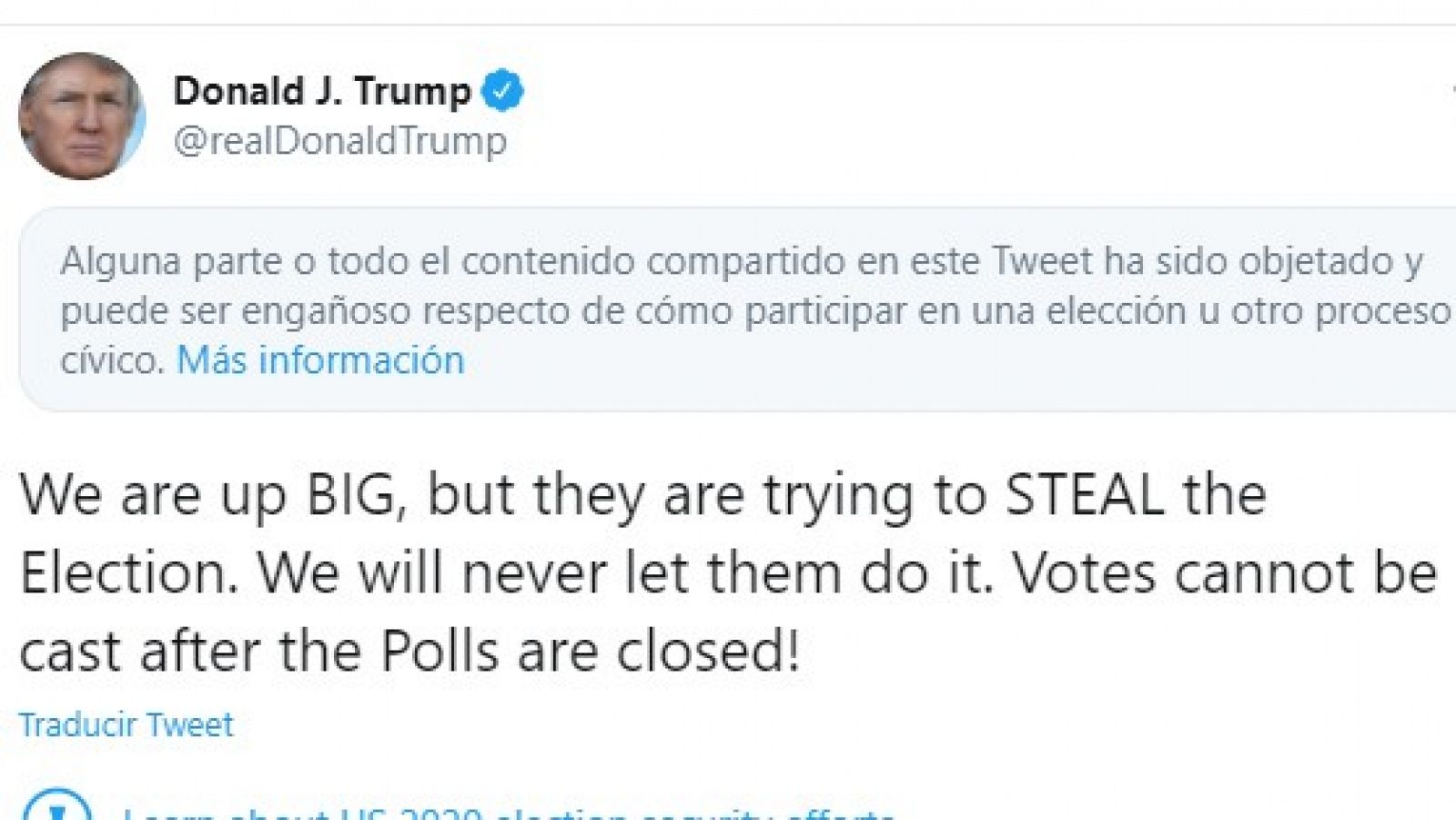 Mensaje de la red social Twitter alertando sobre el tuit de Donald Trump.