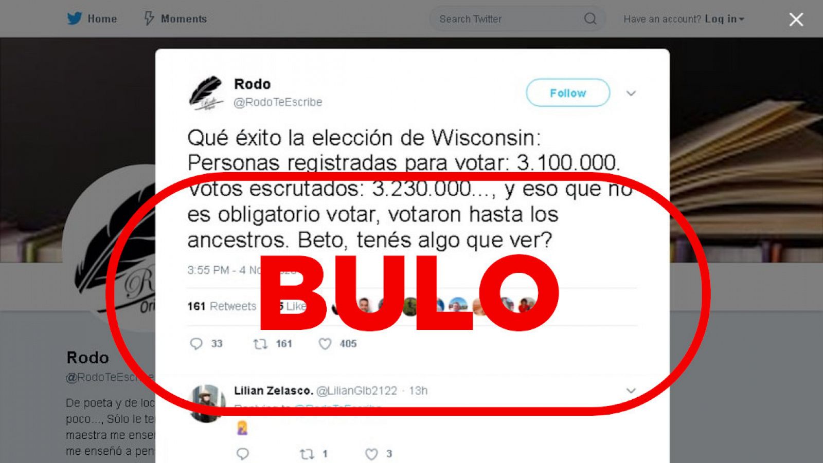 Captura de un tuit con información falsa que sugiere fraude en Wisconsin.