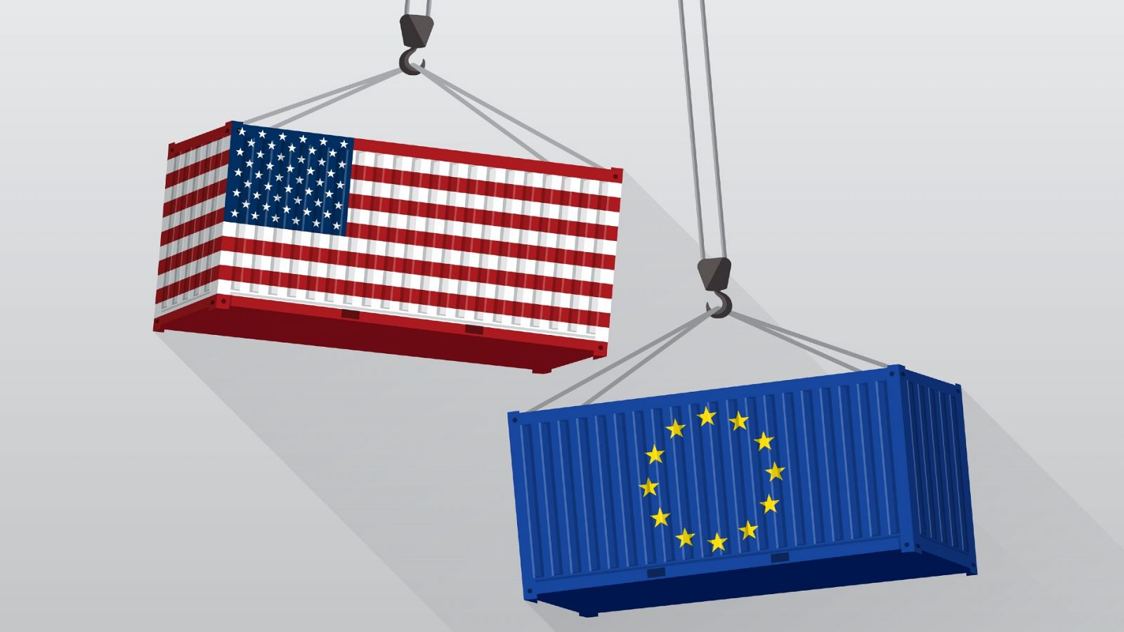 Dos contenedores con las banderas de Estados Unidos y de la Unión Europea