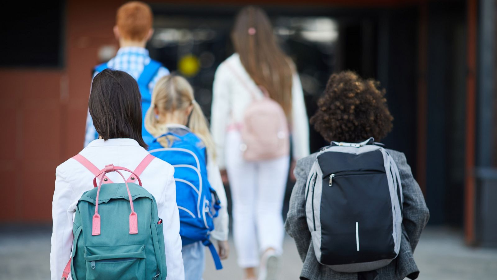 Niñas de diferentes etnias entrando en una escuela