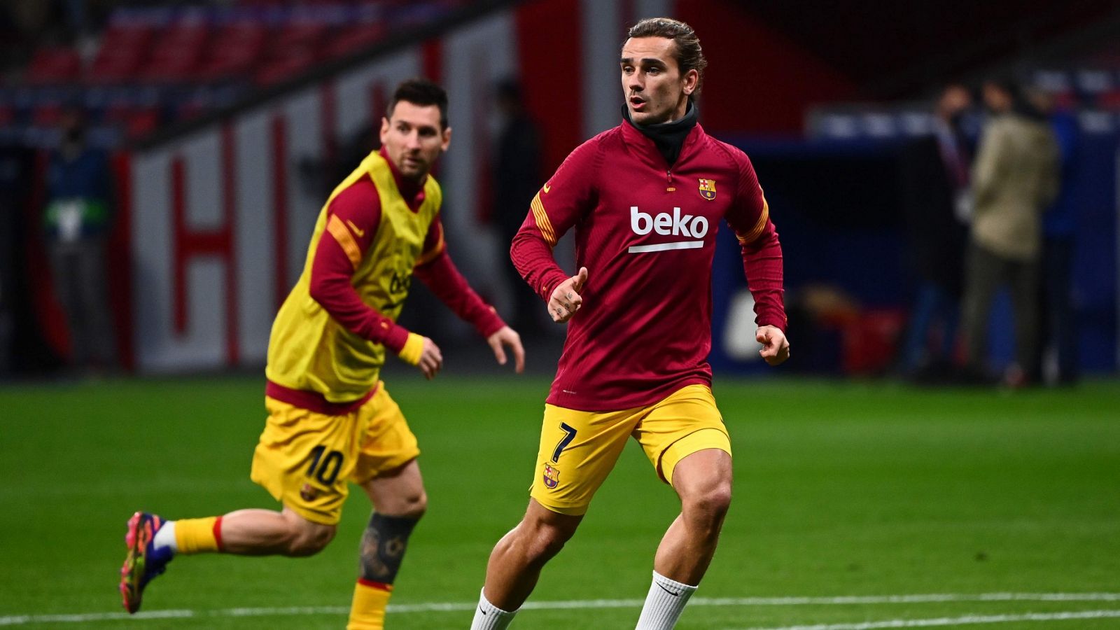 Griezmann y Leo Messi durante el calentamiento