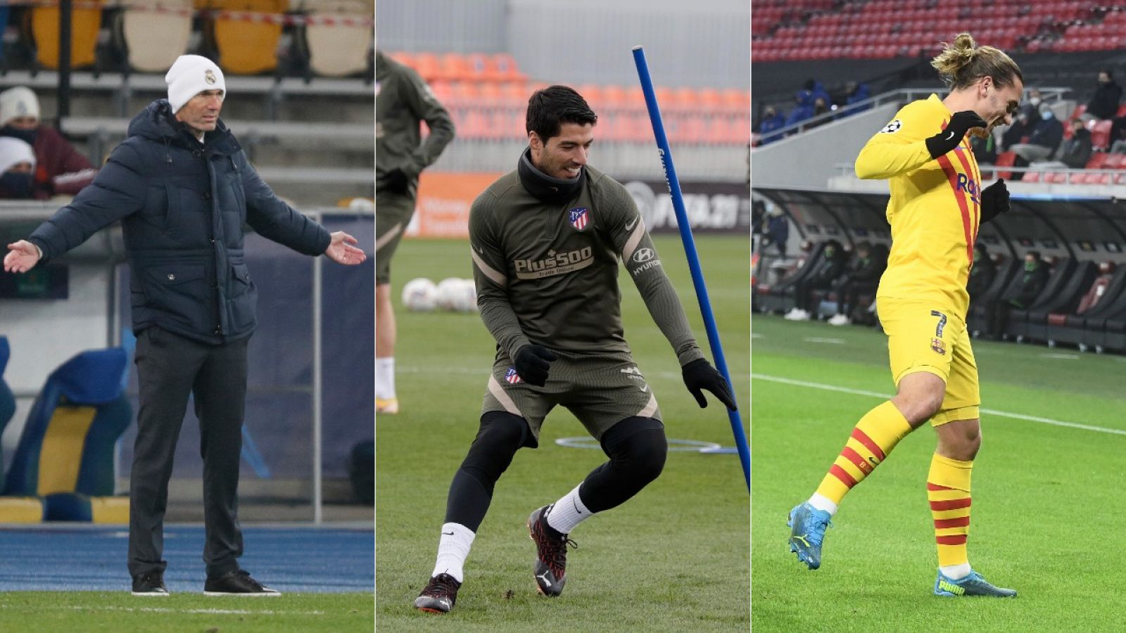 el técnico del Real Madrid, Zinedine Zidane (i), Luis Suárez, delantero del Atlético de Madrid (c) y Antoine Griezmann, jugador del FC Barcelona (d)