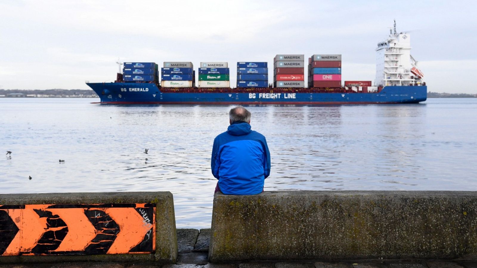 Un hombre observa un barco de mercancías en el puerto de Dublín