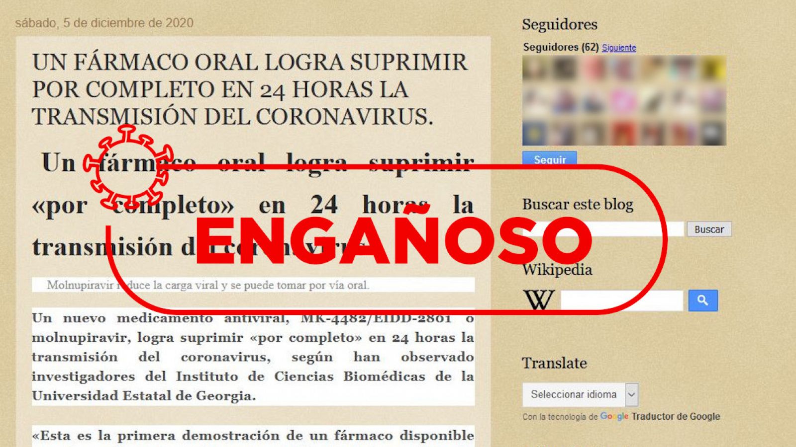 Detalle de una de las páginas con información sobre el Molnupiravir y el sello de "Engañoso".