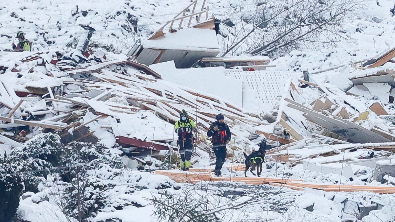 Equipos de rescate en la zona afectada por el corrimiento de tierras Ask en Gjerdrum, Noruega