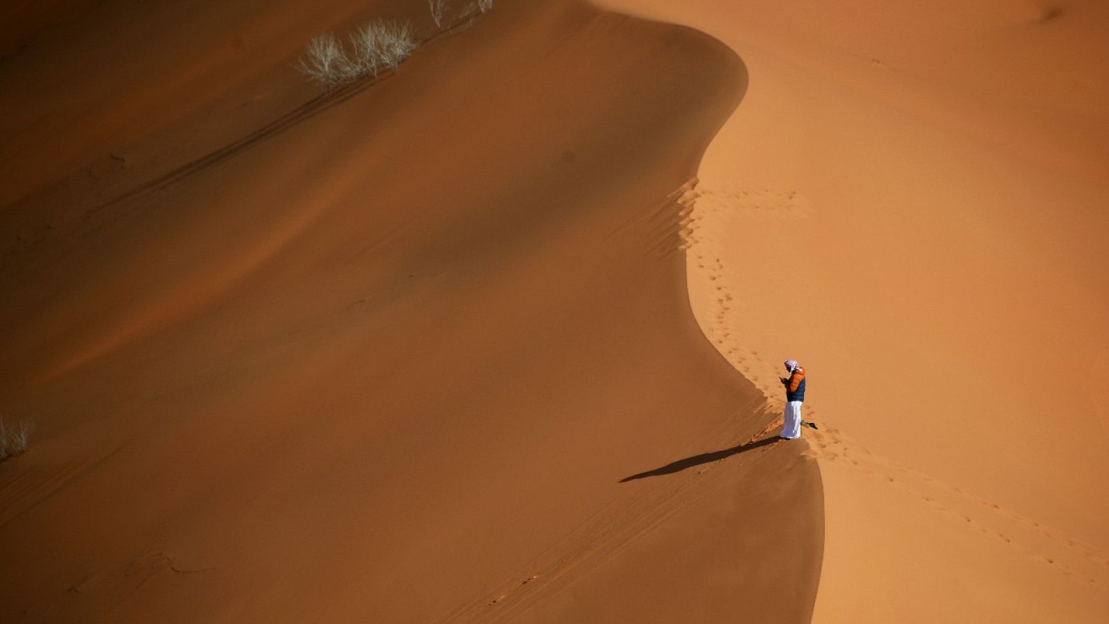 Un hombre permanece en lo alto de una duna durante la sexta etapa del Dakar 2021.